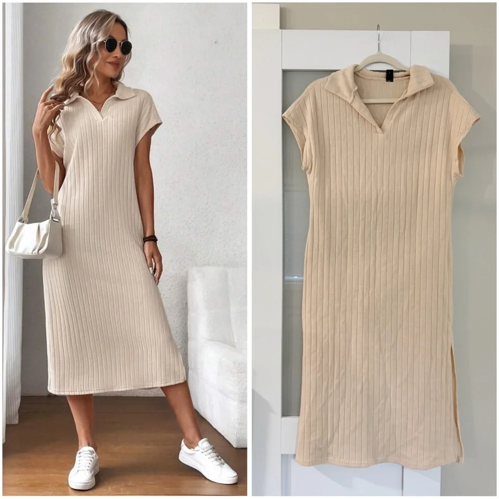 Beige Cream Ribbed Midi Dress - Picture 4 of 15